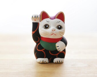 Hand-Painted Japanese Beckoning Cat – Seto Ware with Traditional "Karakusa" Pattern ~ Black D00096