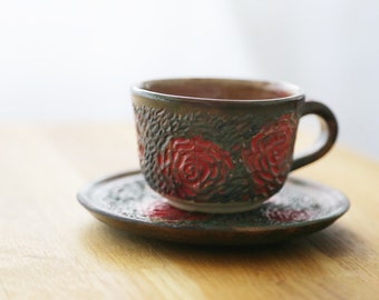 Shannon's Handmade Ceramics Coffee Cup and saucer set ~ Vintage Red Rose SH00258