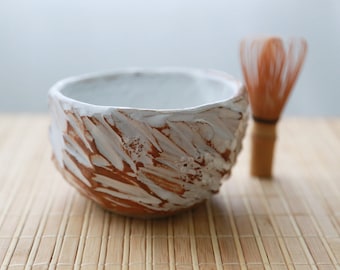 Shannon's Handmade Ceramics Japanese Matcha Bowl Chawan ~ Rustic White & Orange ~ SH00227