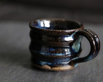 Shannon's Handmade Ceramics Espresso Coffee Cup ~ Shigaraki Nanban Grog Clay ~  Navy Brown SH00271