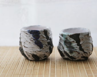 Shannon's Handmade Ceramics Japanese Tea Cup ~ Shigaraki Black Clay Granite White Wave on Rock ~ SH00249a/b