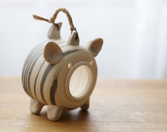 Shannon's Handmade Pottery Tea Light Holder ~ Blue Twist Pig~c