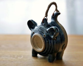 Shannon's Handmade Pottery Tea Light Holder & Incense Burner ~ Pig ~ Lave Fleck Navy  SH00306