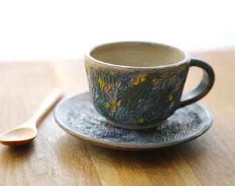 Shannon's Hand-Carved Ceramics Coffee Cup & Plate ~ The Iris Set (Deep Green Purple)