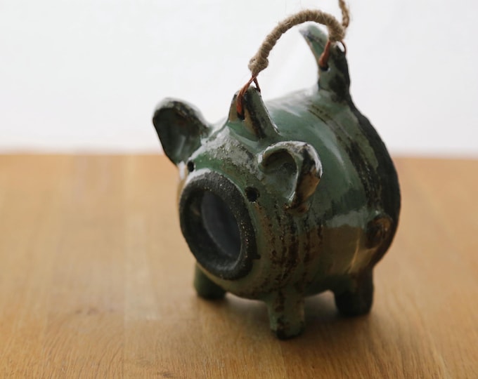 Featured listing image: Shannon's Handmade Pottery Tea Light Holder & Incense Burner ~ Pig ~ Grogged Black - SH00320 Green