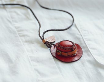 Handcrafted Japanese Leather Mini Hat Necklace in Red | Rare Archive Collection Piece E00065