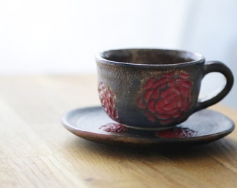Shannon's Handmade Ceramics Coffee Cup and saucer set ~ Vintage Red Rose SH00257