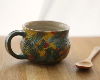 Shannon's Hand-Carved Ceramics Coffee Cup ~ Flowering Garden