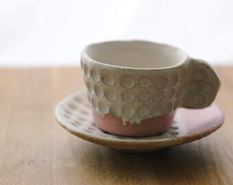 Shannon's Handmade Shigaraki Pink Clay Espresso Cup and Saucer Set | Textured Scandi Coffee Gift SH00317