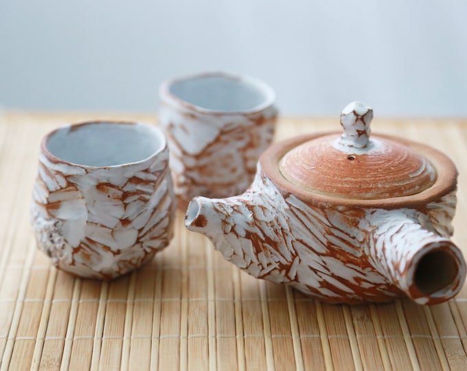 Featured listing image: Shannon's Handmade Ceramics Japanese-style Teapot Set ~ Rustic White & Orange ~ SH00229