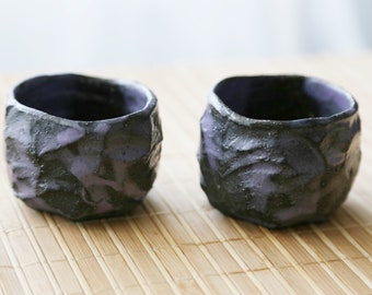 Shannon's Handmade Ceramics Japanese Tea Cup ~ Shigaraki Black Clay Granite Mauve Purple ~ SH00220a/b