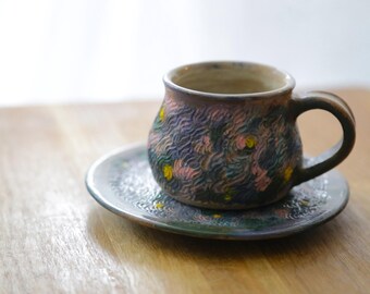 Shannon's Hand-Carved Ceramics Coffee Cup & Plate ~ The Iris Set (Pink Purple)