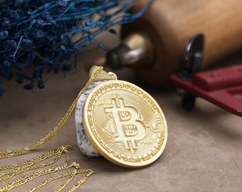 14k Gold Coin Necklace // Bitcoin Pendant or Crypto Necklace // Luxury Fine Crypto Jewelry For Men