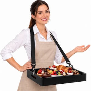 Pode incluir: Uma bandeja de serviço retangular preta com alças de ombro pretas ajustáveis e alças recortadas nas laterais. A bandeja está cheia de uma variedade de doces, incluindo um croissant, cupcakes de chocolate e frutas frescas.
