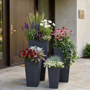 Macetero alto de exterior gris oscuro, redondo, de hormigón, para jardín, soporte vertical grande para plantas, jarrón de porche color carbón, maceta cónica de lujo para balcón.