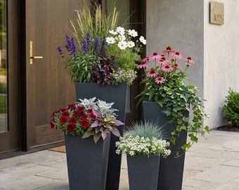 Dark Grey Tall Outdoor Planter Round Concrete Garden Pot Large Vertical Plant Stand Charcoal Porch Vase Luxury Balcony Tapered Tree Pot