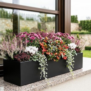 May include: A black rectangular planter box overflowing with a vibrant mix of flowers and foliage. The display features pink, purple, and white flowers, complemented by trailing vines and red berries. The planter is placed on a stone surface.