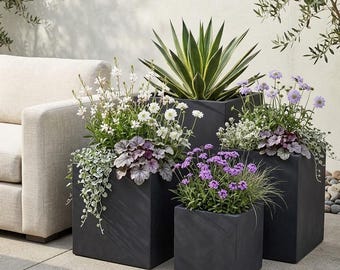 Charcoal Grey Cube Stone Planter Large Square Fibrestone Garden Pot -  Modern Minimalist Outdoor Flower Box - Contemporary Patio Decor