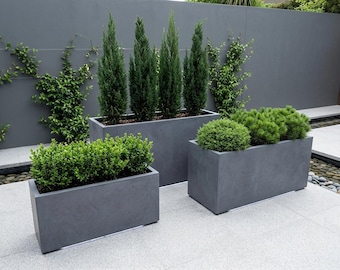 Puede incluir: Tres jardineras rectangulares de hormigón gris de diferentes tamaños, cada una llena de diferentes tipos de vegetación. Las jardineras están dispuestas sobre un patio gris claro, con una pared gris oscuro al fondo. Las plantas incluyen coníferas altas y delgadas y arbustos redondeados.