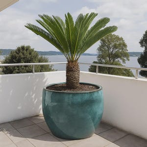 Large Round Outdoor Ceramic Turquoise Glossy Blue Planter Pot with Drainage holes D70 H60 cm