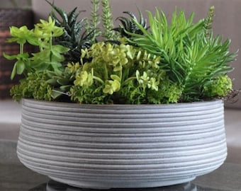 Handmade Shallow Outdoor Ribbed Concrete Planter Bowl Cactus Bonsai Standard Tree Flowers Garden Patio Terrace Deck