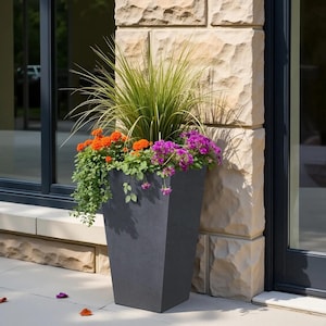Tall Dark Grey Tapered Concrete Planter – Modern Fibrestone Outdoor Pot for Trees, Shrubs & Balcony Decor