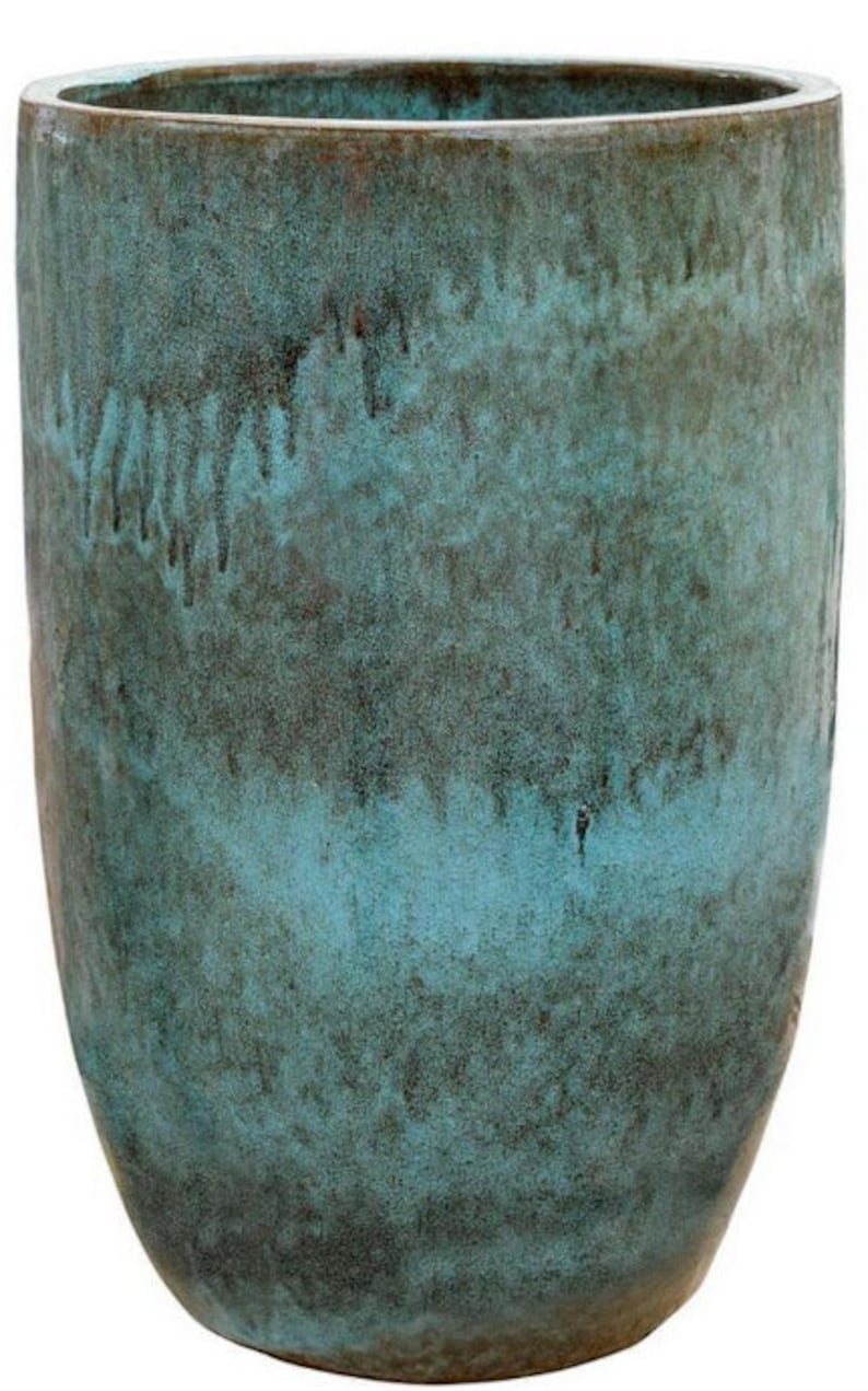Large Round Outdoor Ceramic Turquoise Glossy Blue Planter Pot with Drainage holes D41 H63 cm