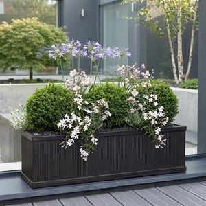 May include: A dark brown rectangular planter box filled with a variety of plants and flowers. The arrangement includes green, spherical shrubs, purple and white flowers, and other greenery. The planter sits on a window ledge.