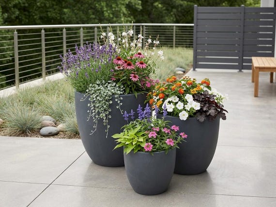 Dark Grey Concrete Egg Pot Planter - Large Round Fibrestone Garden