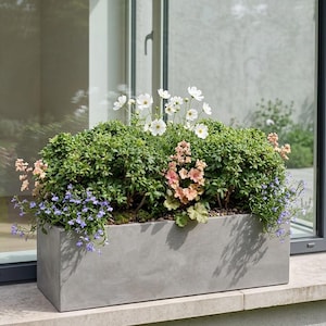 May include: A rectangular concrete planter filled with a variety of plants and flowers. The arrangement includes green foliage, white cosmos flowers, and touches of pink and purple blooms. The planter sits on a stone ledge.