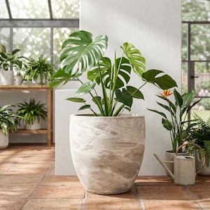 White washed Egg Planter Pot,  Indoor Outdoor Plant Pot, Modern Round Garden Planter, Frost Resistant Composite Patio Pot