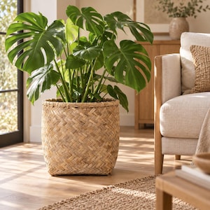 May include: A large Monstera deliciosa plant with broad, deep green, split leaves potted in a cylindrical, light brown woven basket with a textured, crisscross pattern and a reinforced rim at the top edge, standing upright on a wooden floor.