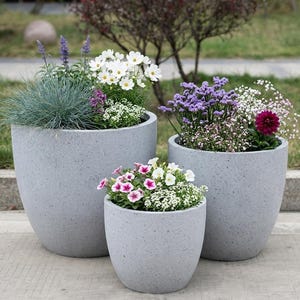 May include: Three grey speckled plant pots of different sizes, each filled with colourful flowers and greenery. The flowers include white, pink, purple, and red blooms. The pots are outdoors, on a concrete surface.
