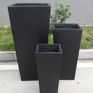 Tall Black Tapered Contemporary Modern Light Concrete Planters Pots for Outdoor Balcony Garden Terrace Trees Shrubs Palms Standards