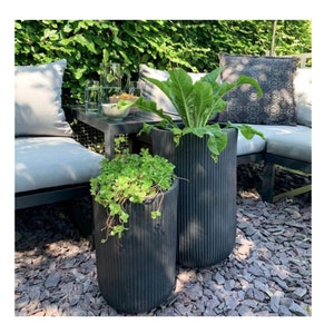 May include: Two black, ribbed, cylindrical planters of varying sizes, each filled with greenery. One contains a leafy green plant, the other a trailing succulent. The planters sit on dark grey stones, with outdoor seating and a table visible in the background.