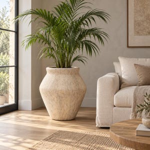 Tall Beige Travertine-Look Ficonstone Planter, 68 and 75 cm