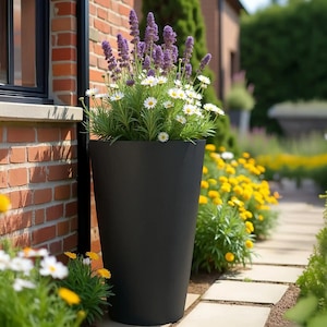 Modern Contemporary Round Tall Stone Vase Dark Grey in Light Concrete Planter Pot Garden Outdoor Patio Balcony Trees Plants Flowers