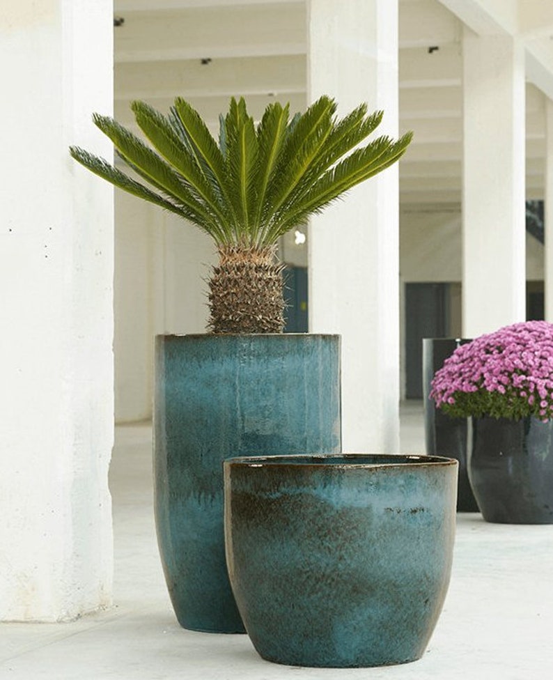 Large Round Outdoor Ceramic Turquoise Glossy Blue Planter Pot with Drainage holes image 3