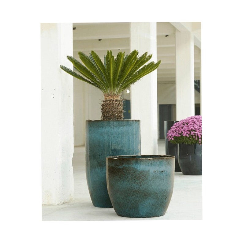 Large Round Outdoor Ceramic Turquoise Glossy Blue Planter Pot with Drainage holes image 2