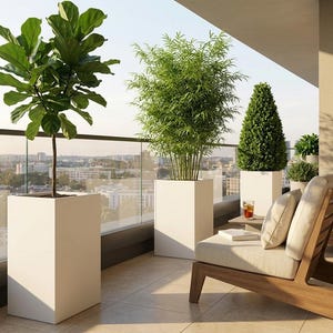 May include: A contemporary balcony with several potted plants, such as a fiddle-leaf fig, bamboo, and a topiary. Two wooden lounge chairs with cream cushions are visible, creating a relaxing outdoor area with a city view.