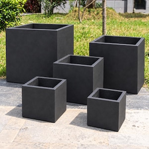 Charcoal Grey Cube Stone Planter Large Square Fibrestone Garden Pot - Modern Minimalist Outdoor Flower Box - Contemporary Patio Decor