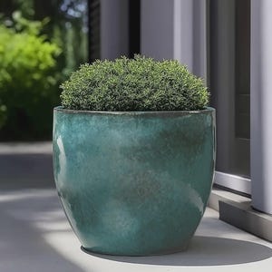 Large Round Outdoor Ceramic Turquoise Glossy Blue Planter Pot with Drainage holes D50 H43 cm
