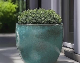 Large Round Outdoor Ceramic Turquoise Glossy Blue Planter Pot with Drainage holes
