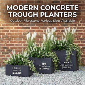 May include: Three dark grey rectangular trough planters filled with greenery and tall, feathery white plants. The planters are labelled with dimensions in cm. The text at the top reads "MODERN CONCRETE TROUGH PLANTERS".