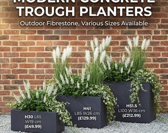 Large Dark Grey Concrete Trough Planter – Modern Rectangular Garden & Balcony Raised Flower Bed | Outdoor Fibrestone Pot
