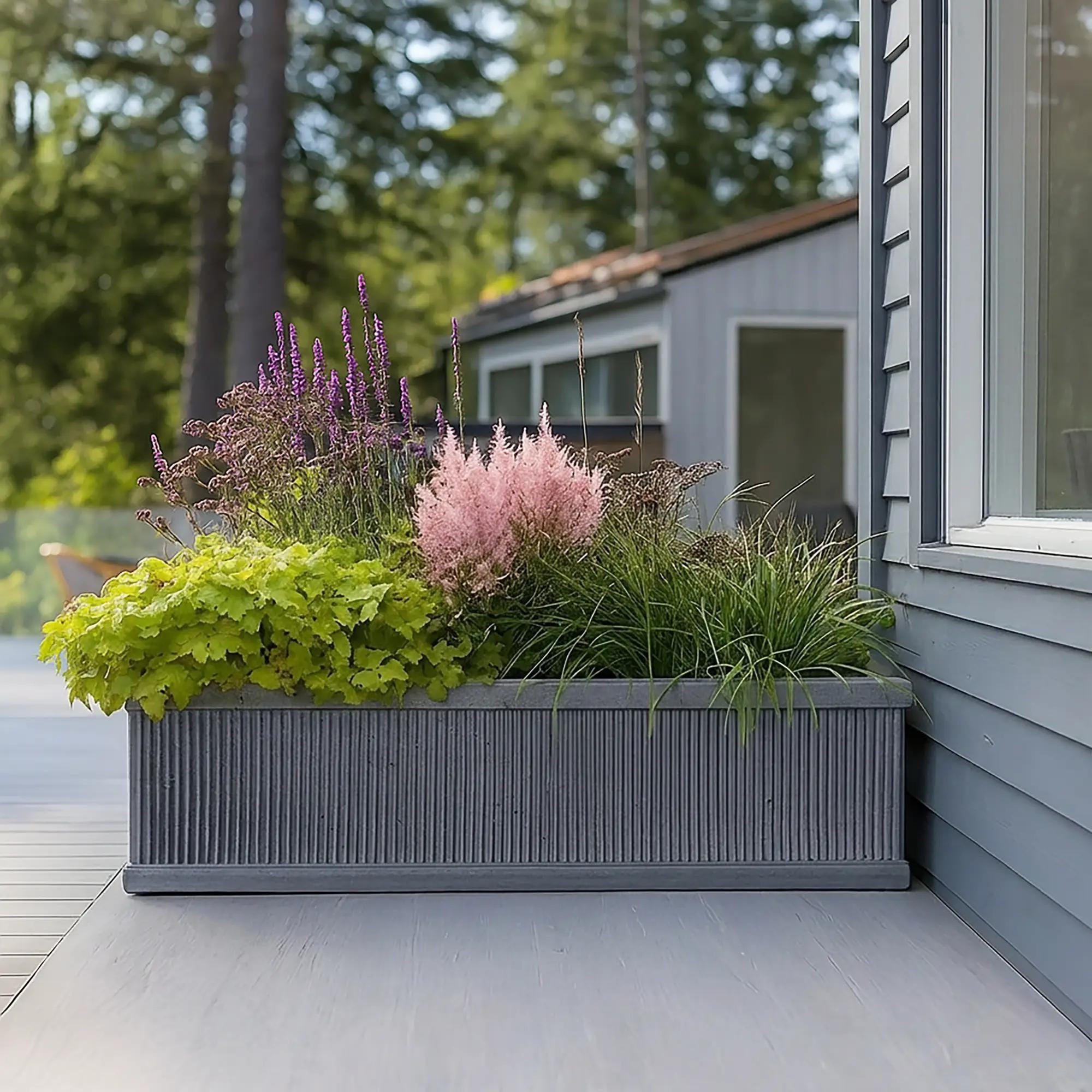 Handmade Vertically Ribbed Grey Concrete & stone Trough Planter pot Outdoor Garden Patio Balcony Terrace Shrubs Bushes