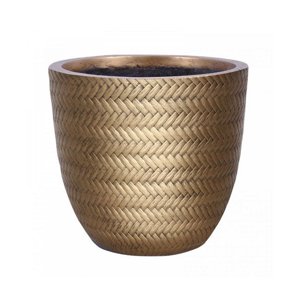 Rattan Weave Concrete Gold Planter, Oval Indoor Pot Plants Odour-free Durable Stone and Concrete Blend