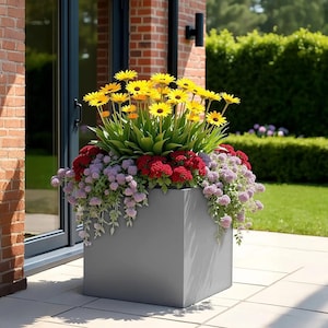 Light Grey Square Concrete Planter – Handmade Minimalist Outdoor Pot for Flowers, Trees & Bushes with Drainage