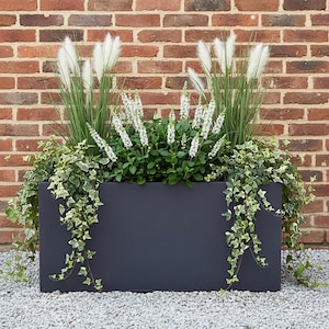 Large Dark Grey Concrete Trough Planter – Modern Rectangular Garden & Balcony Raised Flower Bed | Outdoor Fibrestone Pot