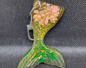 Portachiavi in resina con coda di sirena a forma di fiore e felce